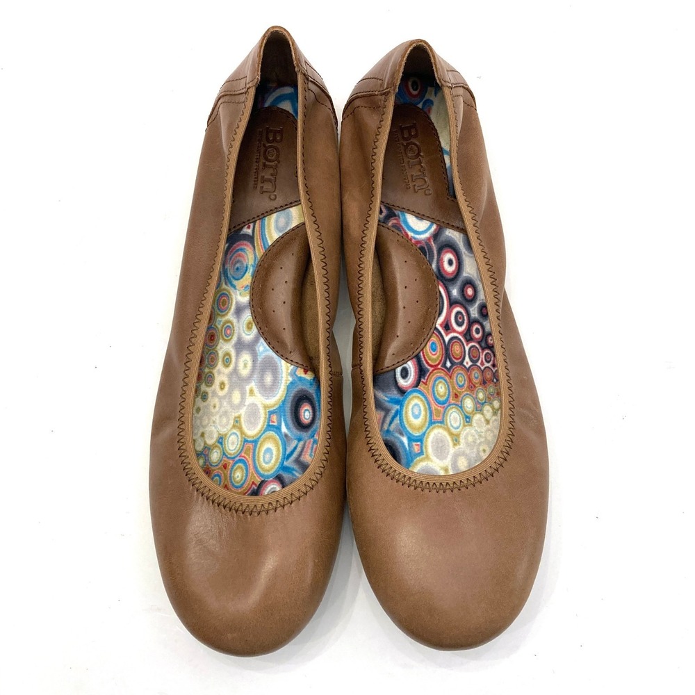 Born Brown Leather Ballet Flats Womens 9.5 M Elastic Edge Minimalist